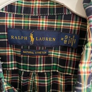 Ralph Lauren Size 10-12 Boys Natural Stretch Blue Plaid Button Down
